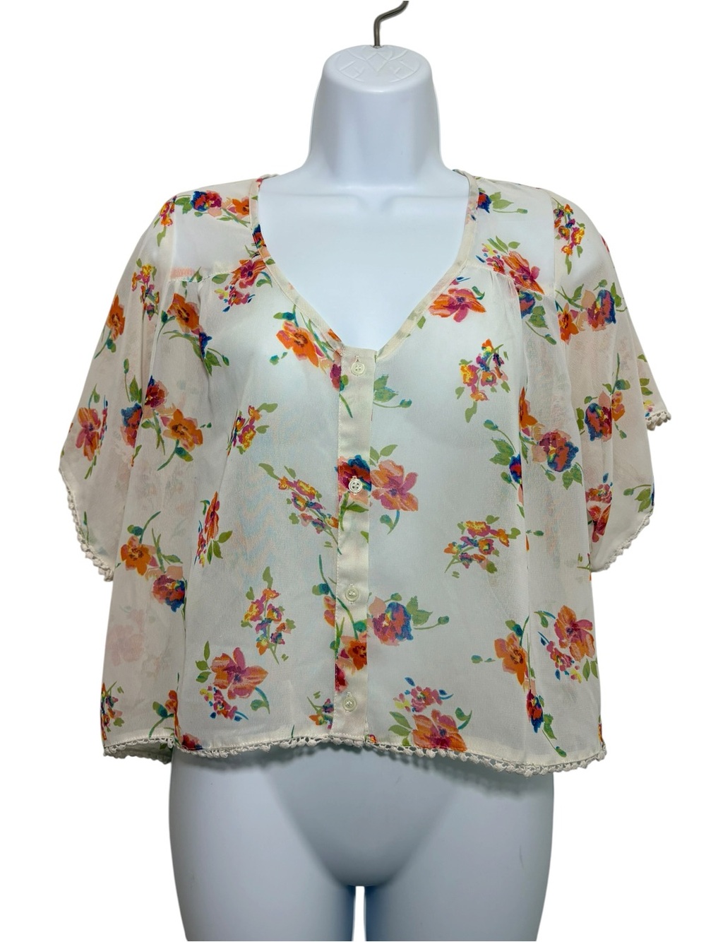 Band of Gypsies SzXS Sheer Floral Boho Top Button Front Flutter Cottagecore